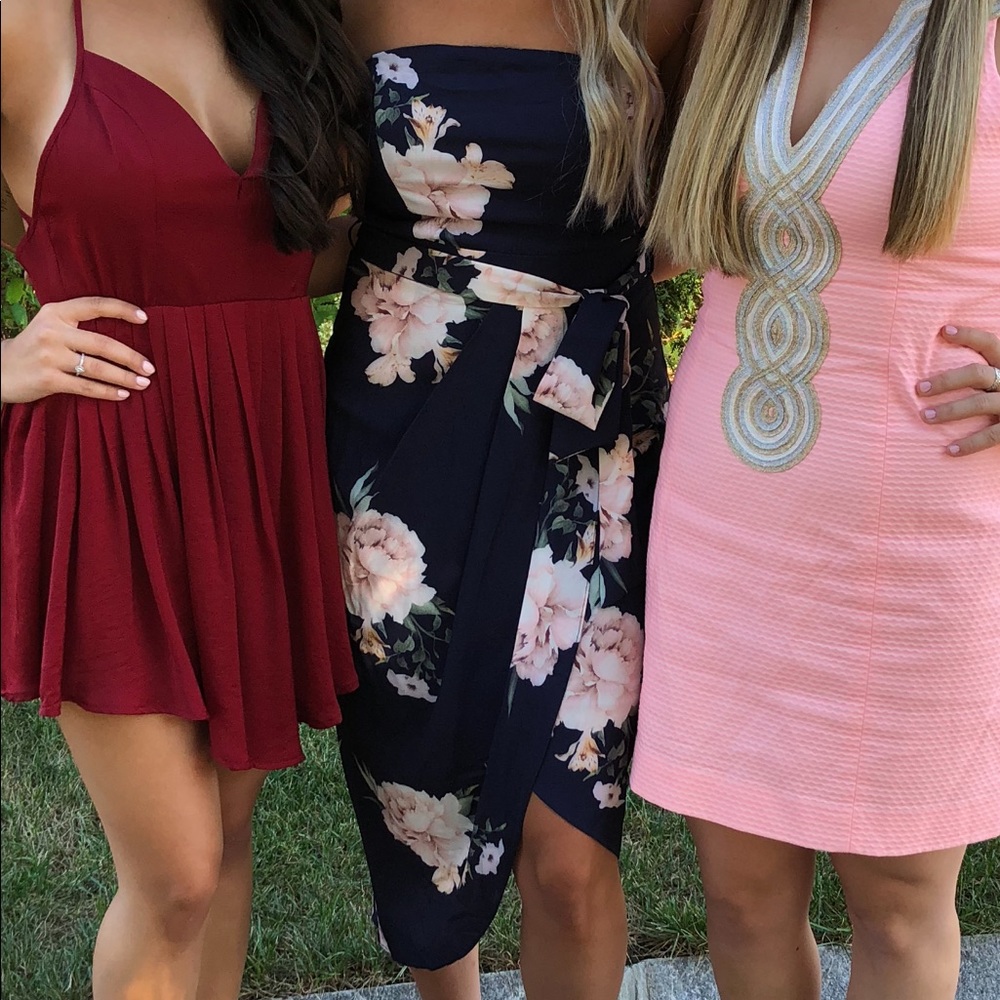 Navy and pink floral strapless dress